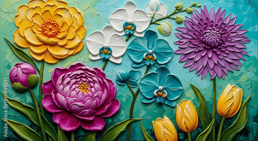 Obraz premium Textured oil painting of vibrant colorful flowers bouquet 3D Wall Mural. floral landscapes. 3d floral art, floral wallpaper, Luxurious textile tile wall art 