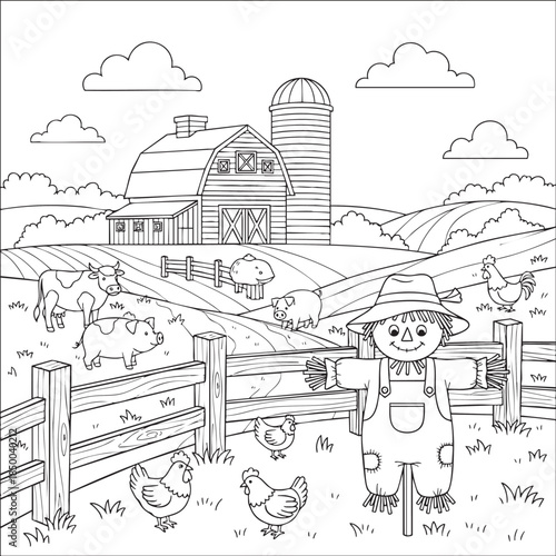 Farm Scene Coloring Illustration with Animals and Barn