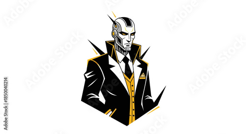 Stylized illustration of a robotic figure in formal attire