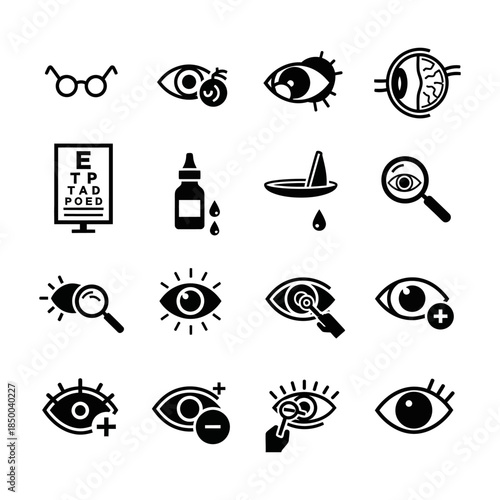 A comprehensive vector icon set dedicated to the fundamental concepts of human eye care, vision health, and various ophthalmological procedures and tools