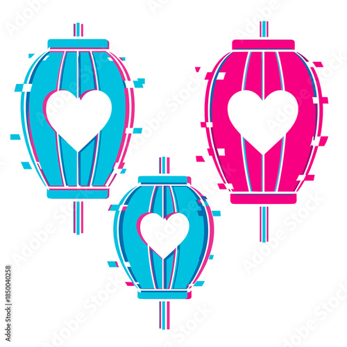 Colorful heart-shaped lanterns in blue and pink for celebrations  