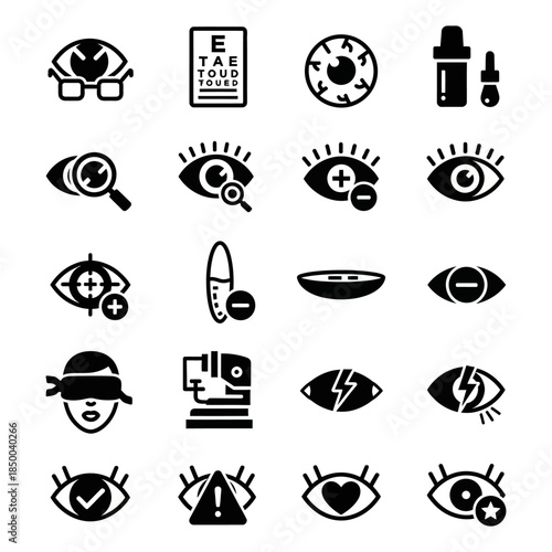 Collection of eye care and vision health icons representing ophthalmology, optometry, and vision correction procedures