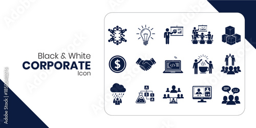 Black and white corporate icon collection, ideal for business presentations, marketing materials, and digital graphics. This set includes symbols for teamwork, ideas, finance, handshake, programming, 