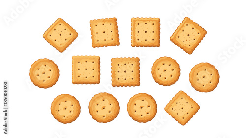 Assorted crackers in square and round shapes are arranged on a white background, showcasing a variety of biscuit textures and designs.