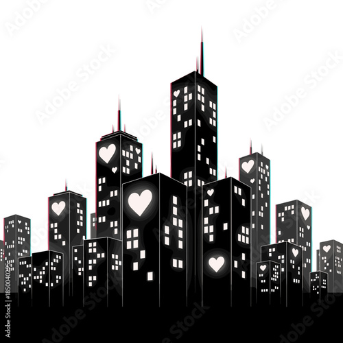 Black city skyline with heart-shaped windows at night  
