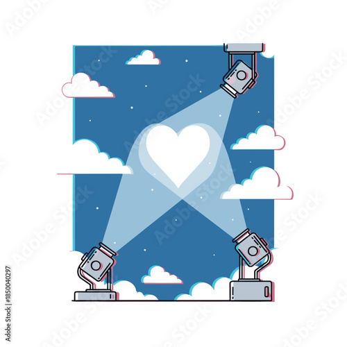 Spotlights projecting a heart symbol on a cloudy night sky  