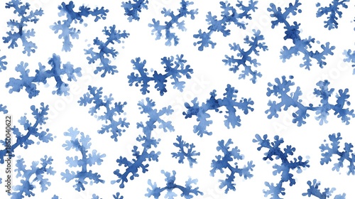 Delicate blue watercolor snowflake pattern, randomly arranged on a white background, winter theme