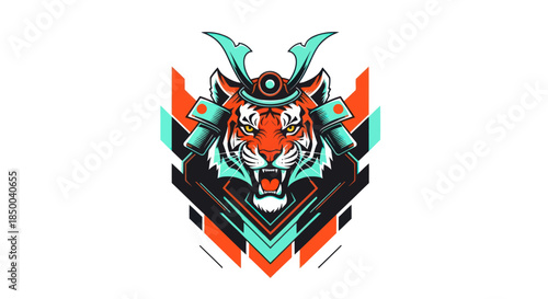 Stylized illustration of a tiger in samurai armor on white background