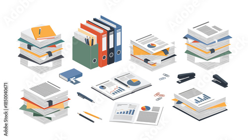 Overhead view of organized office supplies including stacks of papers, ring binders, and stationery items on a white surface.