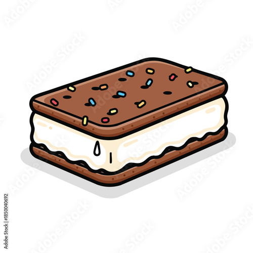 An illustrated ice cream sandwich, chocolate cookies, with sprinkles and white ice cream