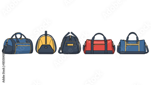 Colorful duffel bags are lined up, showcasing various designs and color combinations for travel or sports equipment.