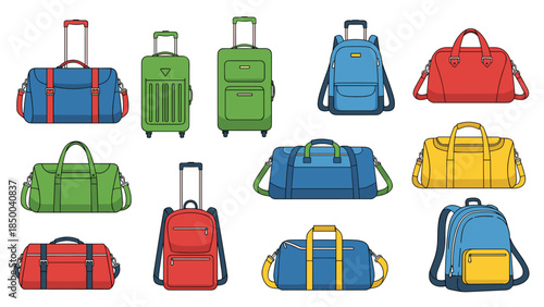 Colorful assortment of travel bags and luggage including backpacks, duffels, and rolling suitcases for vacation or business trips.