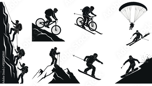 Dynamic vector collection of solid black silhouettes showcasing exhilarating extreme sports and challenging outdoor adventure activities, perfect for active lifestyle graphic designs