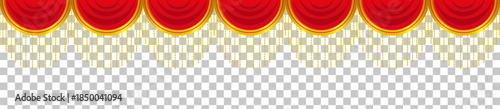 Elegant red and gold scalloped valance with glowing light effect on transparent background.