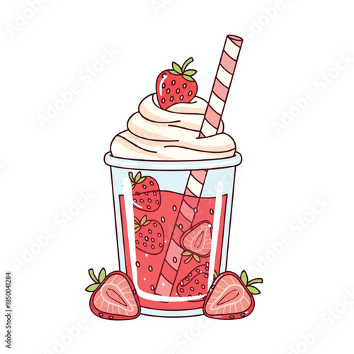 A strawberry milkshake with a straw, whipped cream and fruit halves around the glass