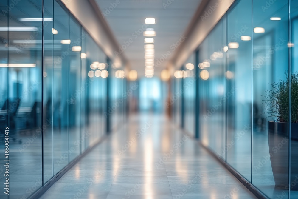 Fototapeta premium A modern office corridor featuring glass walls and warm lighting, creating a sleek and professional environment.