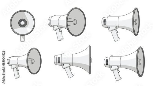 Detailed illustrations showcase a white megaphone from multiple angles, providing a comprehensive view for design or informational purposes.