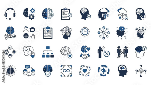 A diverse compilation of sleek, modern vector icons illustrating concepts of brain function, mental processes, cognitive abilities, psychology, learning, and innovative thought