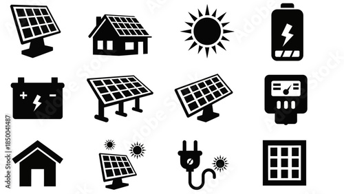 Solar panel energy icons, clean renewable power technology collection for eco-friendly electricity generation and sustainable homes