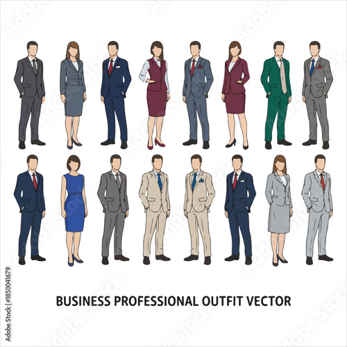 A diverse collection of male and female professional avatars dressed in various business suits and formal office attire.
