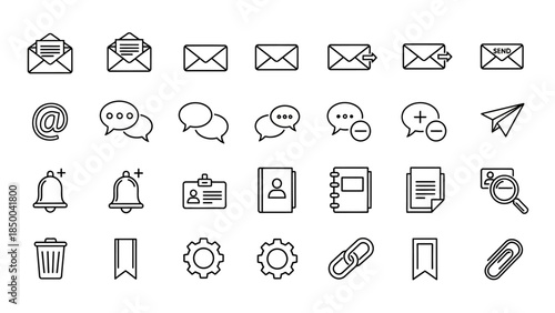 Set of email and communication icons with solid sleek design on white background