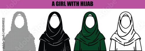 Abstract dotted line art of Islamic girl reading Quran, black silhouette vector illustration, modern minimal female worship concept isolated on white background