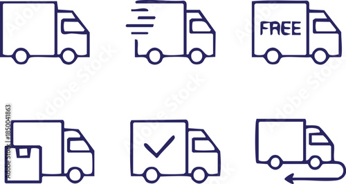 Delivery Truck Icon Set, Shipping and Logistics Icons, Courier Service Icons, Delivery Service Icon Collection, Transportation Truck Icons, Logistics and Shipping Icon Pack, E-commerce Delivery Icons.