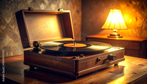 Vintage turntable with spinning vinyl record under warm lamp glow, dust cover partially open, capturing groovy 1970s music revival essence.
