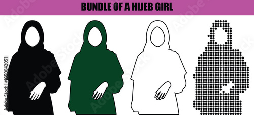 Muslim woman in hijab vector illustration, silhouette line art with dotted details, modern minimalist design isolated on white background for Islam, culture, and identity