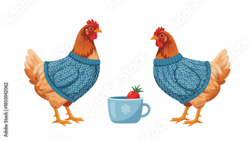 Two adorable chickens wearing cozy blue sweaters stand facing each other with a mug of strawberry hot chocolate in between them.