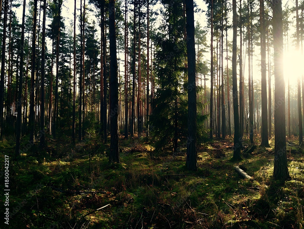 Fototapeta premium Dense forest scene with sunlight filtering through tall trees and dense undergrowth