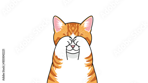 Adorable orange tabby cat playfully covers its eyes with paws, expressing shyness or a cute, mischievous gesture.