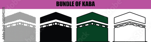 Abstract dotted line art of Kaaba Sharif, black silhouette vector illustration, modern minimal Islamic holy site isolated on white background for faith, Hajj, and Umrah projects