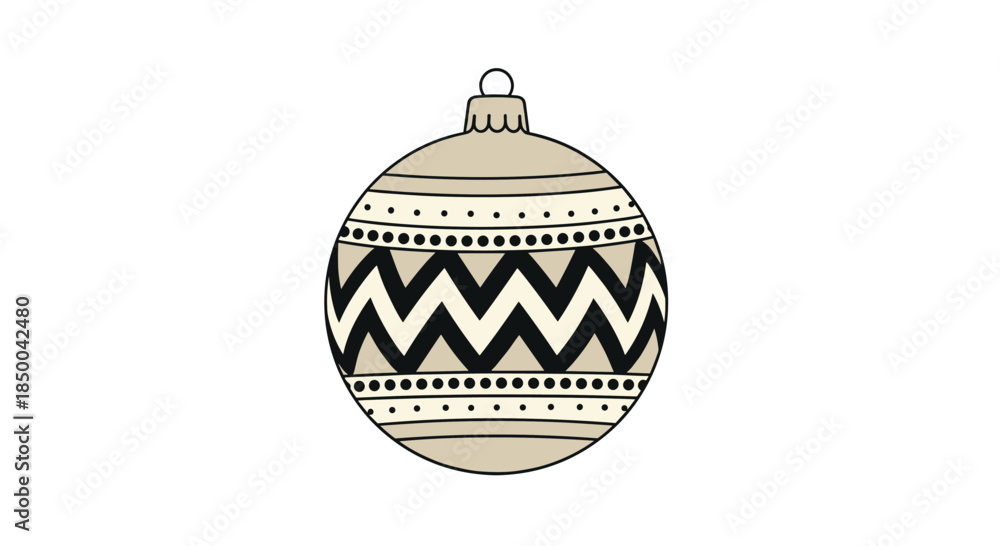 Fototapeta premium Decorative Christmas bauble with black and beige patterns including zigzags and dots for holiday winter season art.