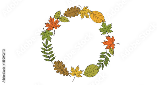 Simple wreath composed of maple leaves drawn in black and white line art style for autumn season decorating projects.