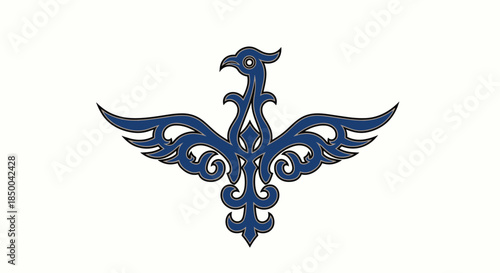 Intricate tribal bird emblem with spreading wings and decorative patterns rendered in dark blue on white background.