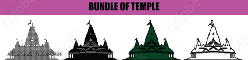 Hindu temple silhouette in minimalist line art and dotted vector style, black and white mandir architecture isolated on white background for religion, spirituality, and cultural design