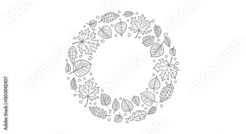 Delicate wreath featuring assorted leaf shapes and small dots in hand drawn black line art for botanical artworks.