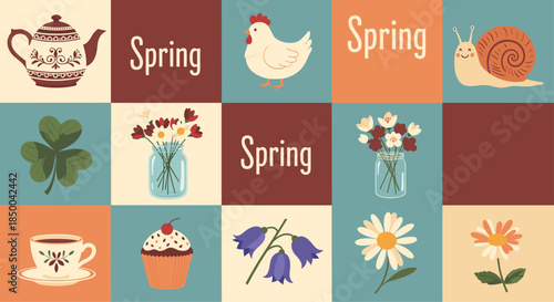 Colorful grid pattern featuring spring themes like flowers snails chickens cupcakes and tea for seasonal background.