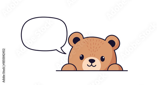 Cute brown bear cub peeking from bottom edge with blank speech bubble for custom text and funny cartoon messages.