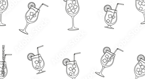 Seamless pattern of cocktail glasses with straws and lemon slices in black and white line art for bar menu pages.