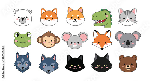 Group of fifteen cute animal face icons including bear dog dinosaur cat frog and monkey in flat cartoon art style.
