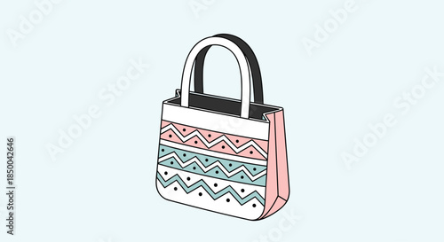 Stylish tote bag illustration with a zig zag pattern in pink and teal, featuring long white handles on a light blue background.