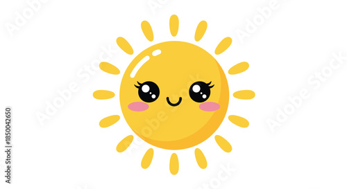 Adorable sun character with large sparkling eyes, long lashes, and pink rosy cheeks, isolated on a white background for children.