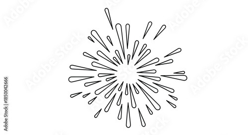 Dynamic radial burst of thin elongated droplet shapes expanding outward from a central point in a clean black and white line drawing.