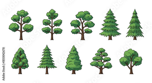 Set of ten different cartoon style green trees with thick trunks and fluffy canopies, arranged in a grid on a white background.