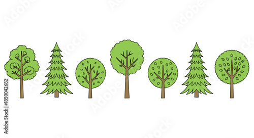 Simple line of seven different green trees including pine and deciduous types, arranged side by side on a clean white background.