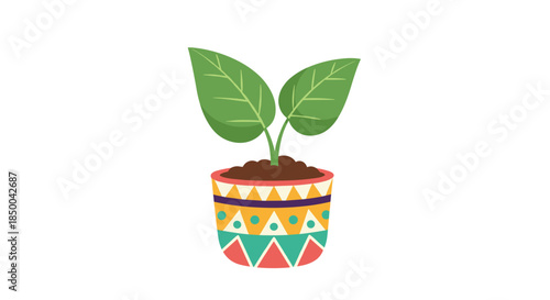 Young green plant with two leaves growing in a decorative pot with tribal patterns, isolated on a white background for gardening themes.