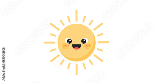 Adorable yellow sun character with a happy face, large eyes, and rosy cheeks shining brightly on a clean white background.