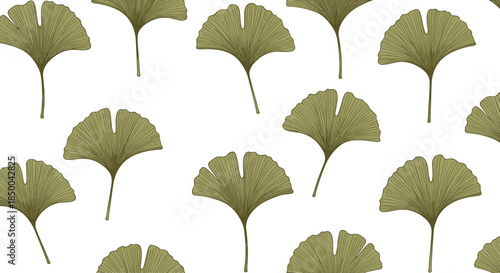 Elegant seamless pattern featuring olive green ginkgo biloba leaf illustrations scattered across a clean white background.